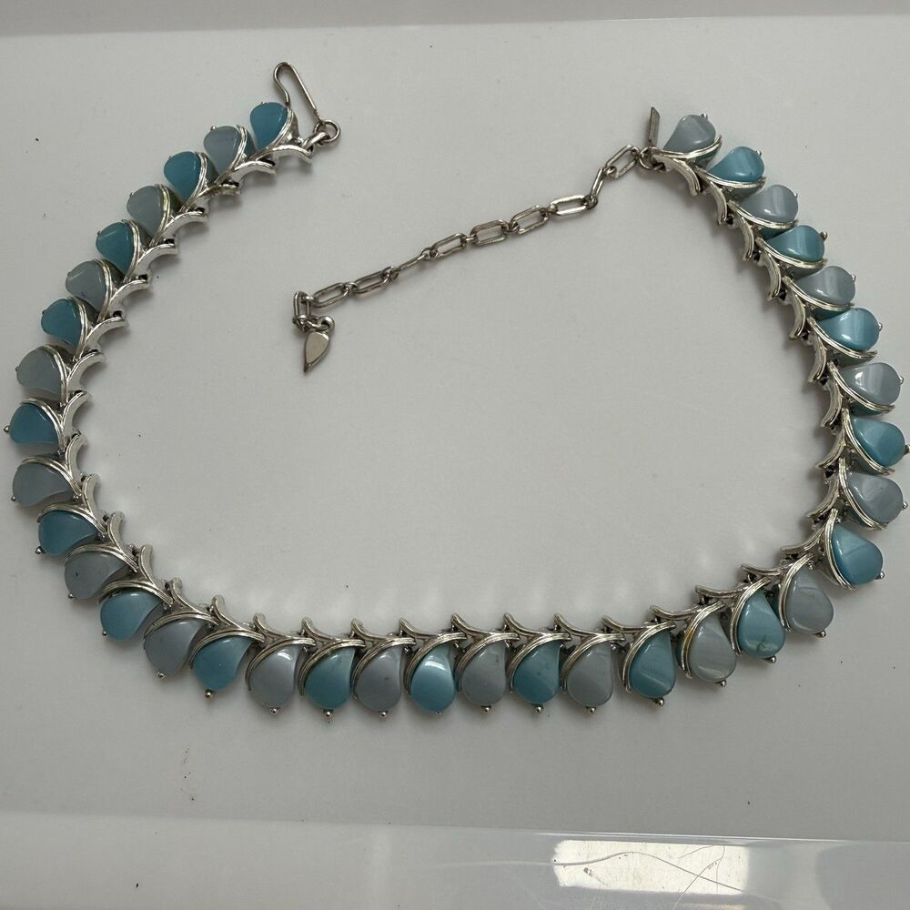 Vintage MCM Necklace Choker Thermoset Blue Silver Tone Longcraft Corocraft 16"